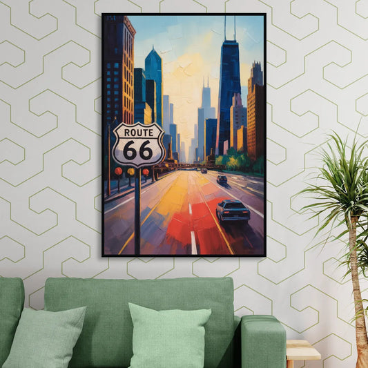 Chicago Route 66 Begins Here Living Room - Black Canvas Wall Art