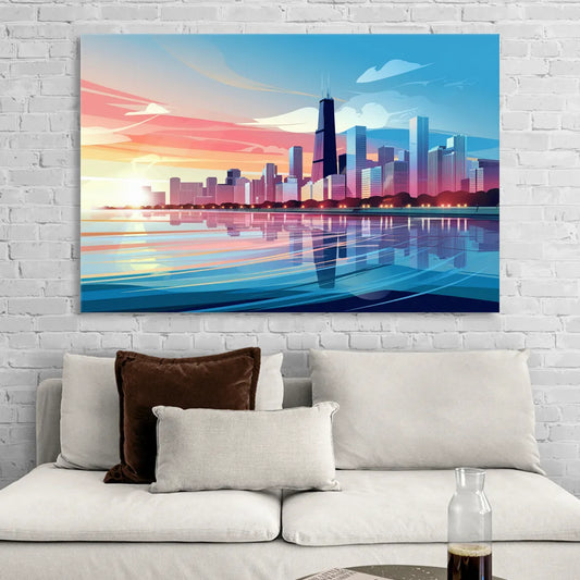 Chicago Skyline At Sunset Living Room - Canvas Wall Art