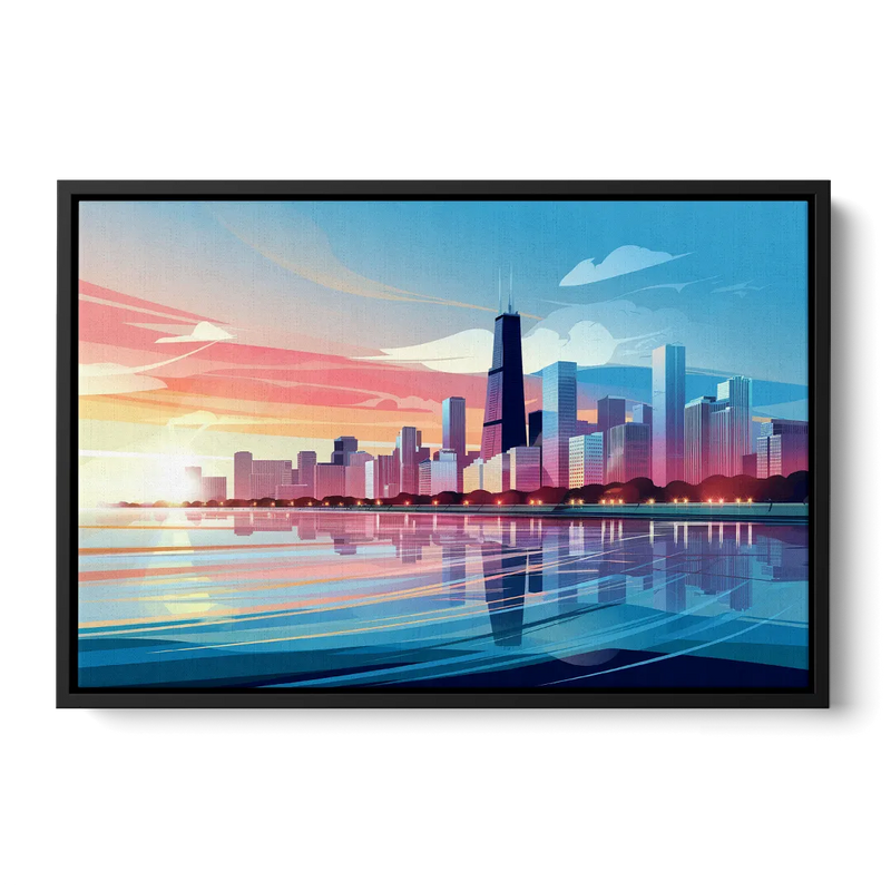 Chicago Skyline At Sunset Front - Black Canvas Wall Art