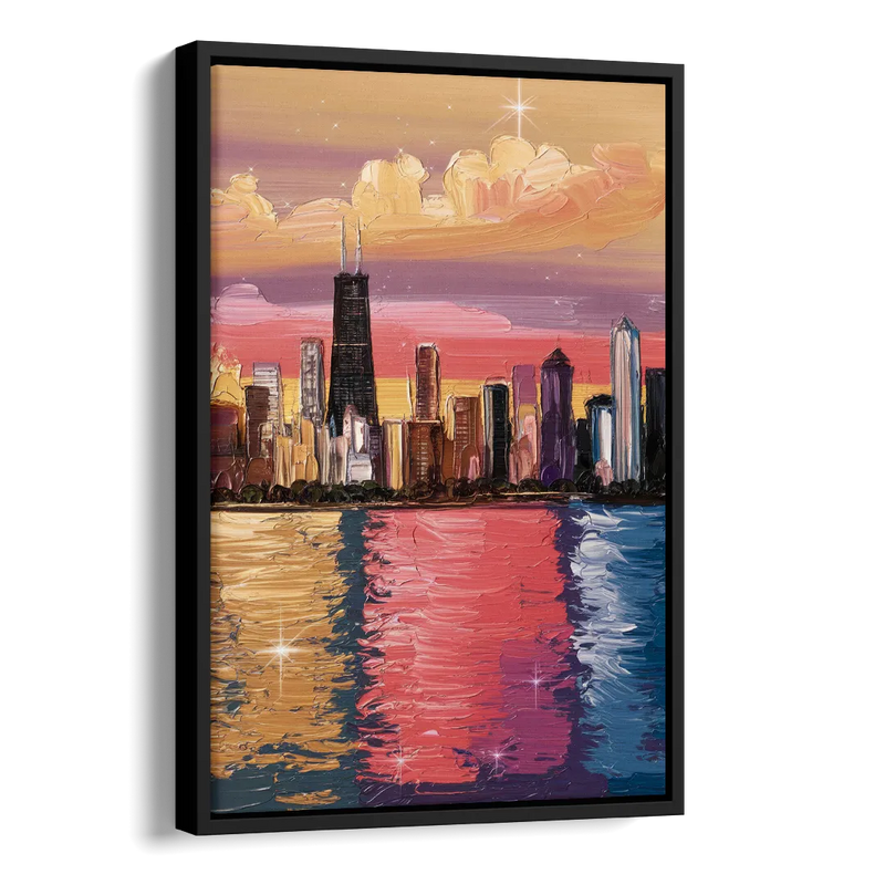 Chicago Skyline Reflections Side - Black Canvas Wall Art