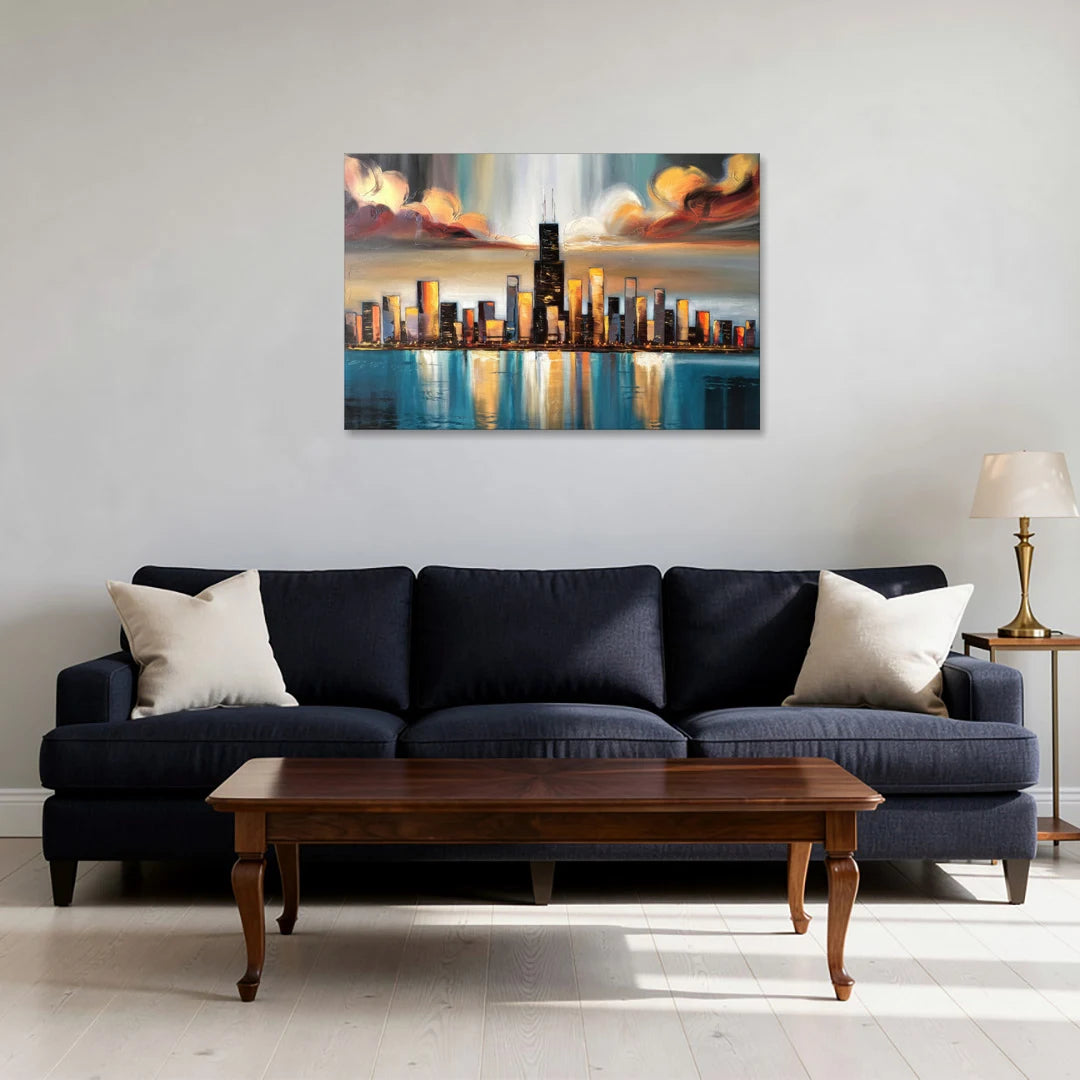 Chicago Skyline With Willis Tower - Canvas Wall Art - Sofa - 36x24