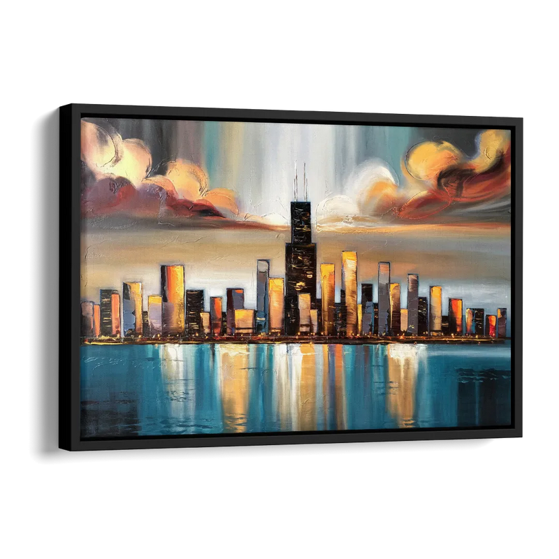 Chicago Skyline With Willis Tower Side - Black Canvas Wall Art