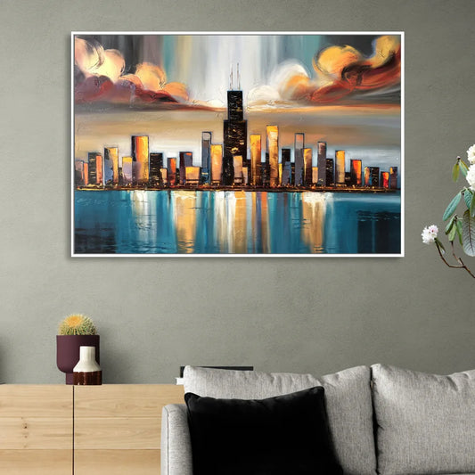 Chicago Skyline With Willis Tower Living Room - White Canvas Wall Art