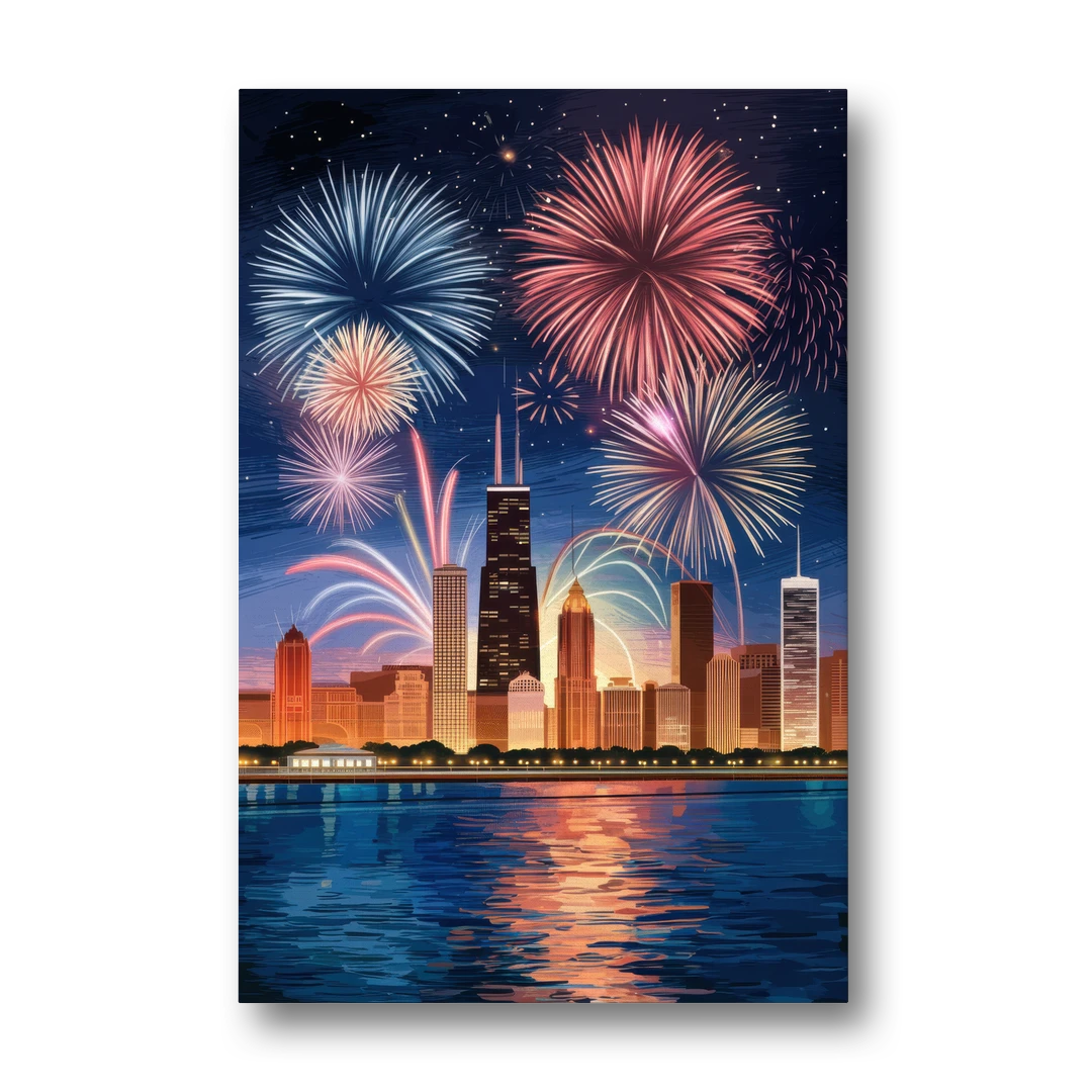 Chicago Skyline and Fireworks - Canvas Wall Art - Front