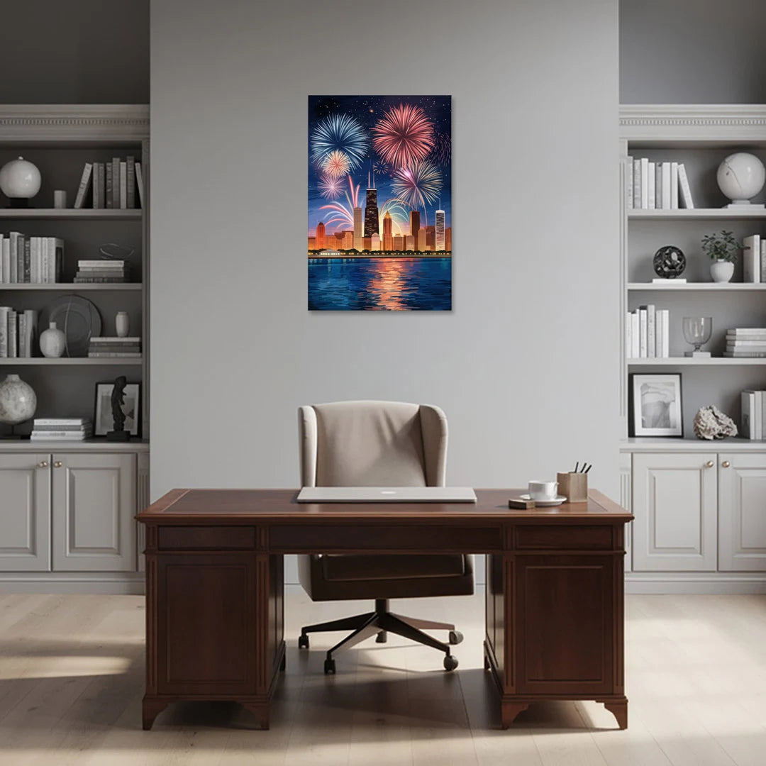 Chicago Skyline and Fireworks - Canvas Wall Art - Office - 24x36