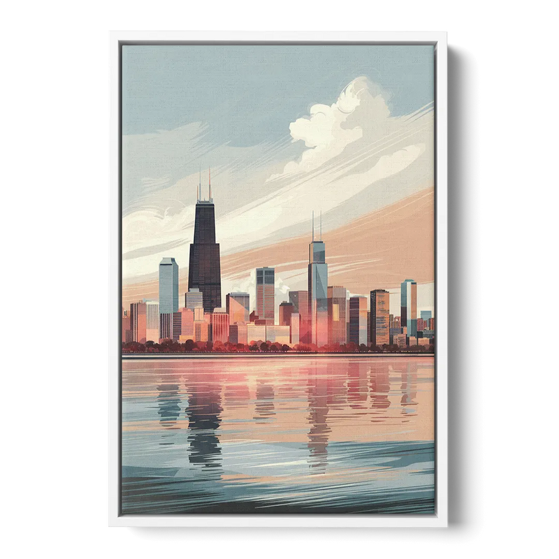 Chicago Skyline from Lake Michigan Front - White Canvas Wall Art