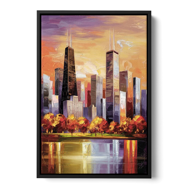 Chicago Skyline in Autumn Front - Black Canvas Wall Art