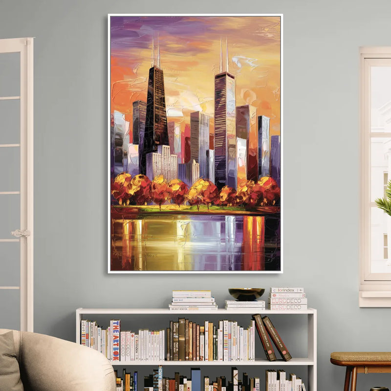 Chicago Skyline in Autumn Sitting Room - White Canvas Wall Art