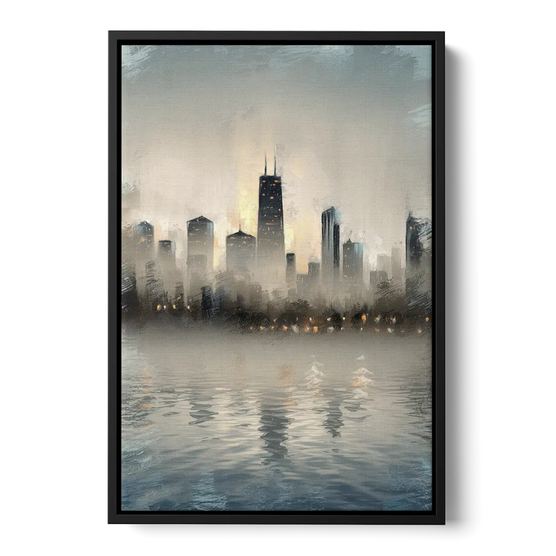 Chicago Skyline in Fog Front - Black Canvas Wall Art