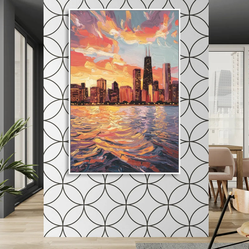 Chicago Sunset Over the Lake Living Room - White Canvas Wall Art