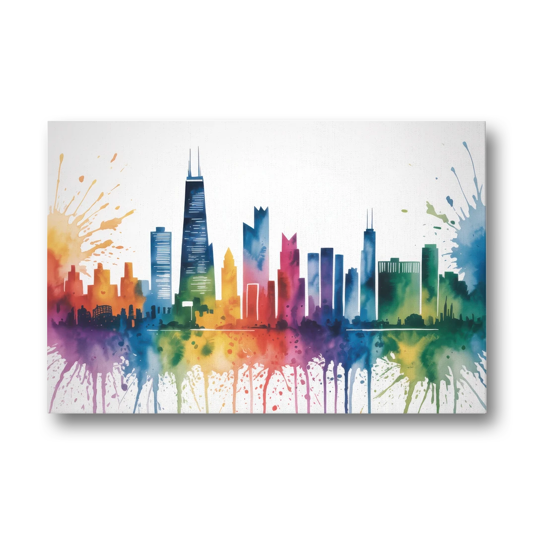 Chicago Watercolor Skyline Splash - Canvas Wall Art - Front