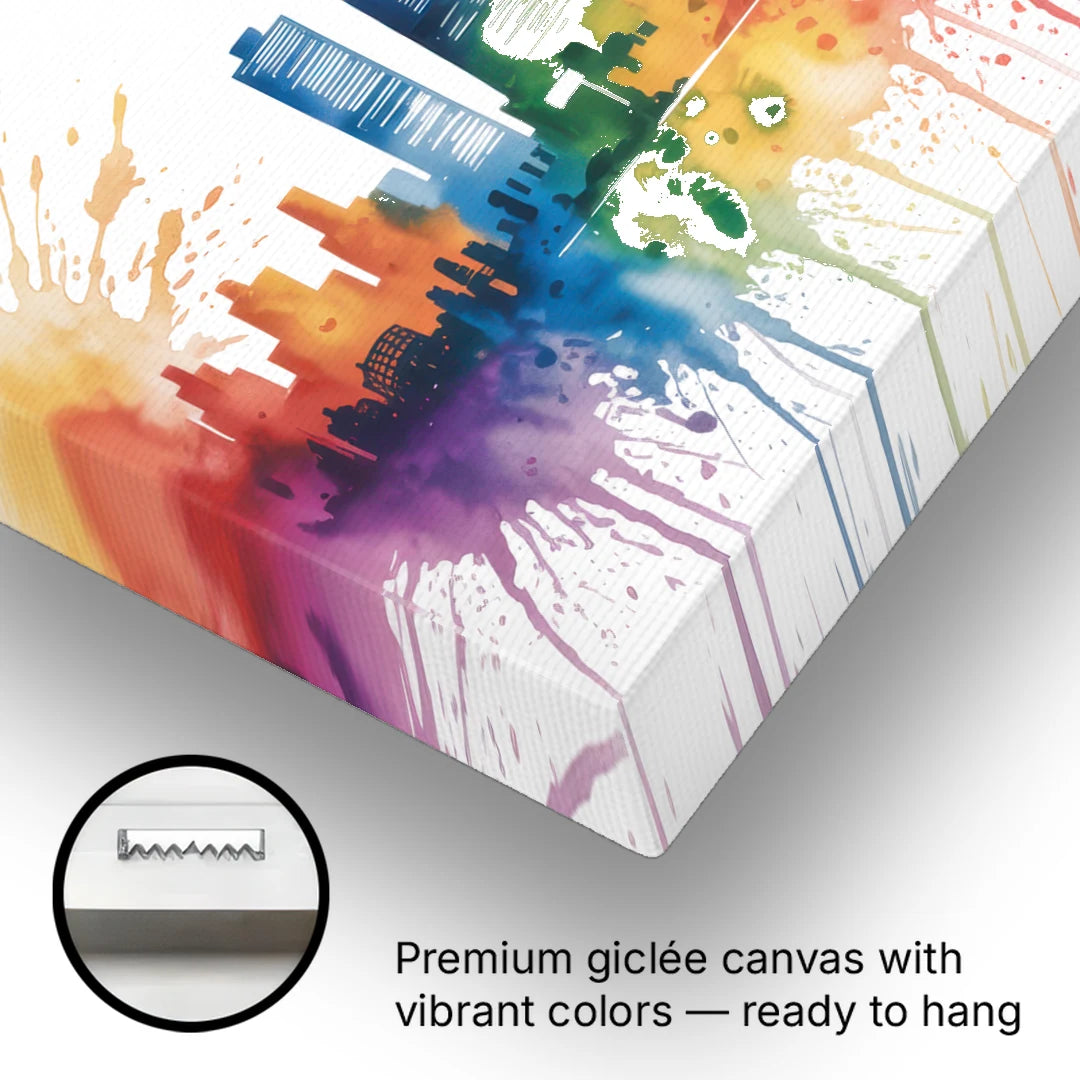Chicago Watercolor Skyline Splash - Canvas Wall Art - Gallery Wrap Corner