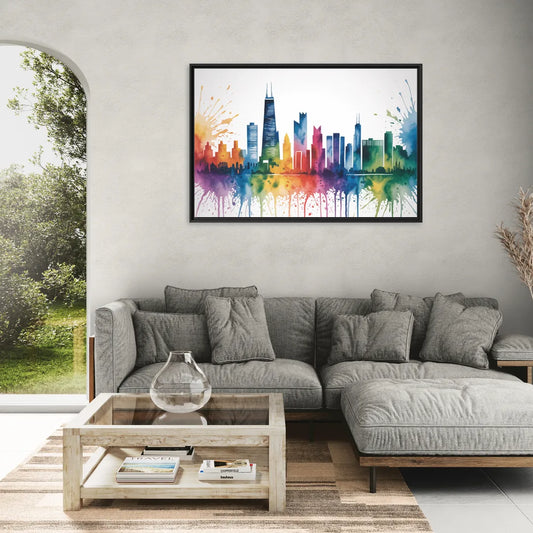 Chicago Watercolor Skyline Splash - Living Room Black Frame Canvas