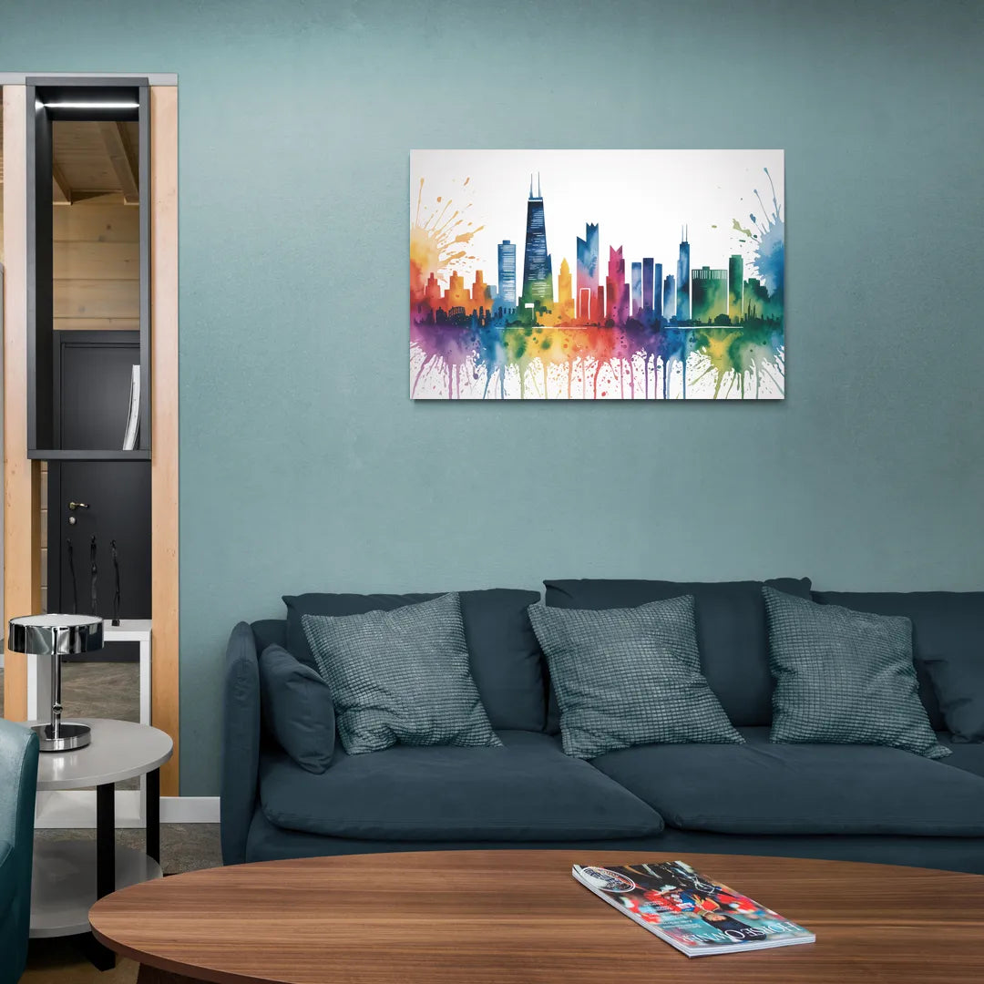 Chicago Watercolor Skyline Splash - Canvas Wall Art Living Room