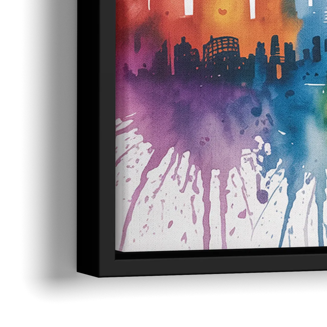 Chicago Watercolor Skyline Splash - Close-Up Black Frame Canvas