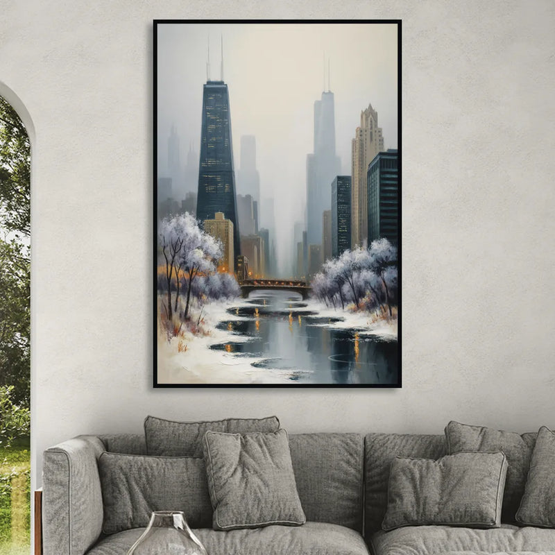 Chicago Winter Fog Over the City Sitting Room - Black Canvas Wall Art