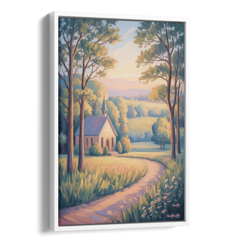 Christian Countryside Chapel Side - White Canvas Wall Art
