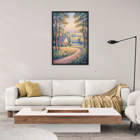 Christian Countryside Chapel - Living Room Black Frame Canvas