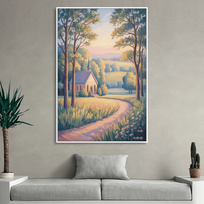 Christian Countryside Chapel Living Room - White Canvas Wall Art