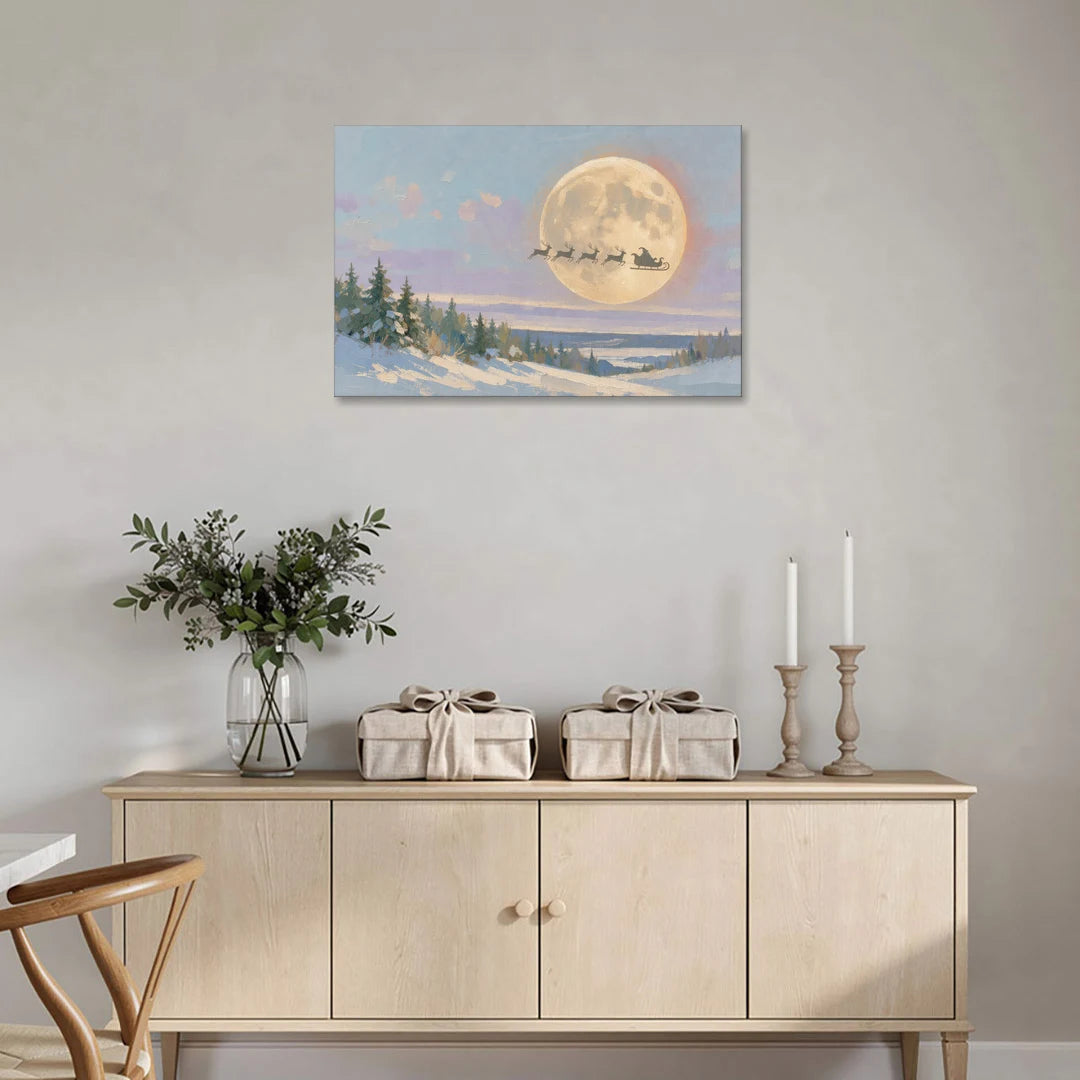Christmas Moon Painting with Sleigh Silhouette - Canvas Wall Art - Coffee Table - 36x24
