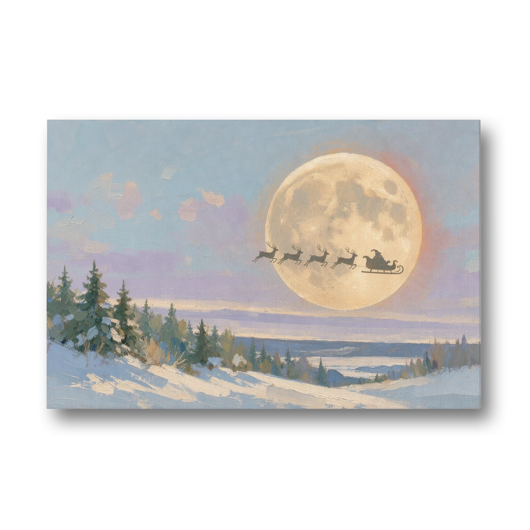 Christmas Moon Painting with Sleigh Silhouette - Canvas Wall Art - Front