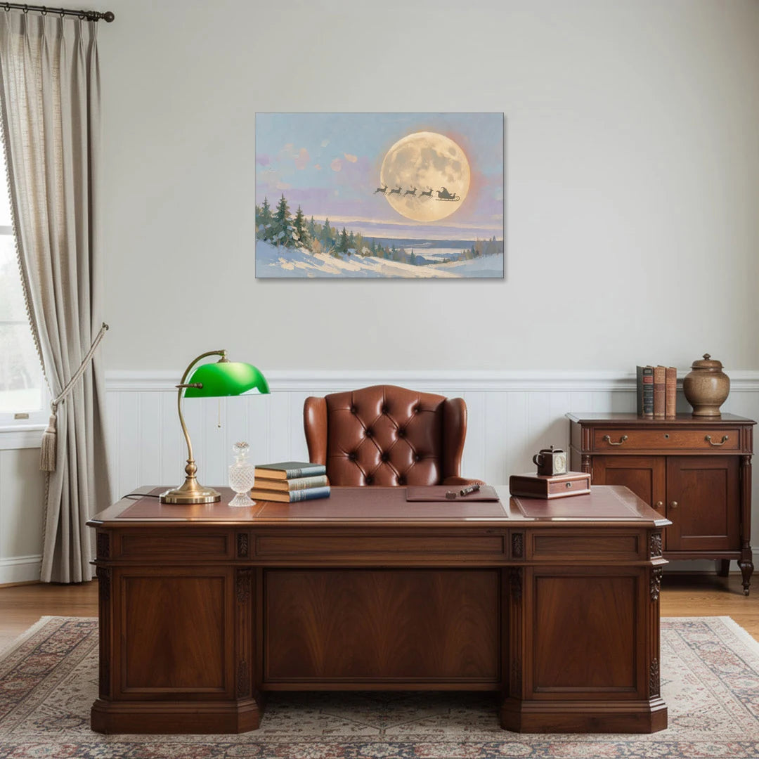 Christmas Moon Painting with Sleigh Silhouette - Canvas Wall Art - Office - 36x24