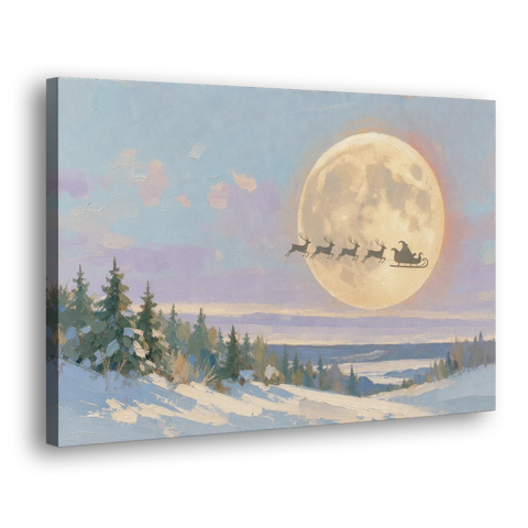 Christmas Moon Painting with Sleigh Silhouette - Canvas Wall Art