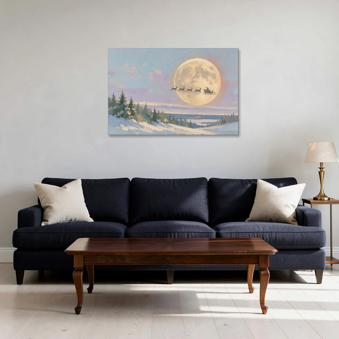 Christmas Moon Painting with Sleigh Silhouette - Canvas Wall Art - Sofa - 36x24