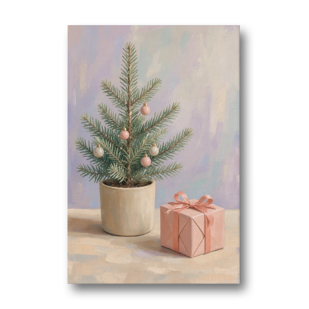 Christmas Tree Art Print with Pink Gift - Canvas Wall Art - Front