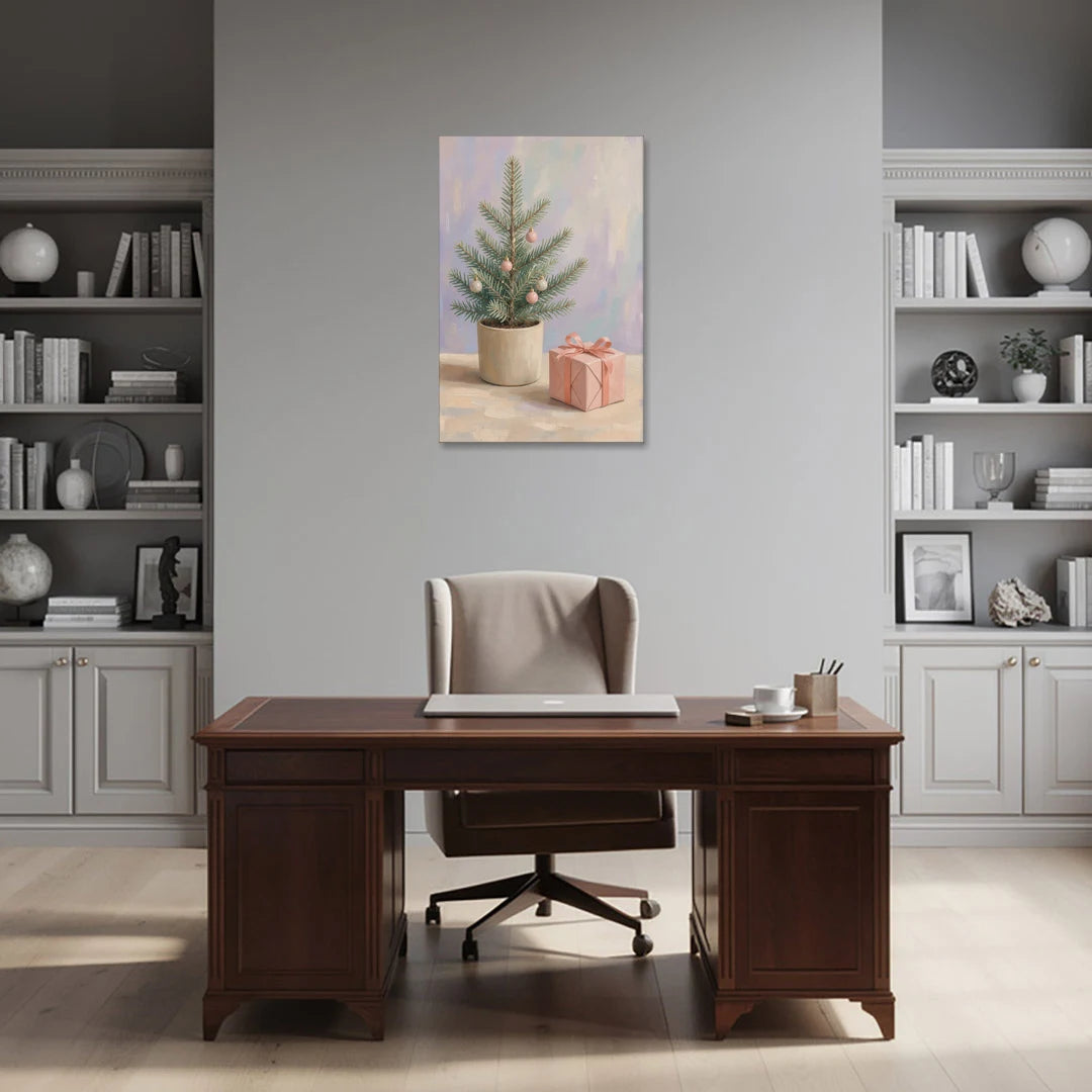 Christmas Tree Art Print with Pink Gift - Canvas Wall Art - Office - 24x36