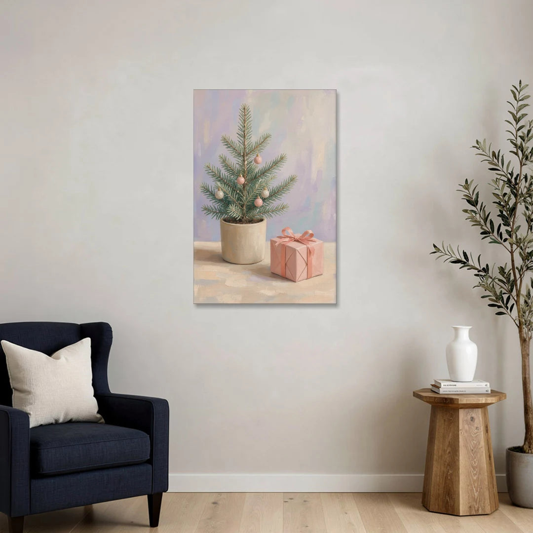 Christmas Tree Art Print with Pink Gift - Canvas Wall Art - Sofa - 24x36