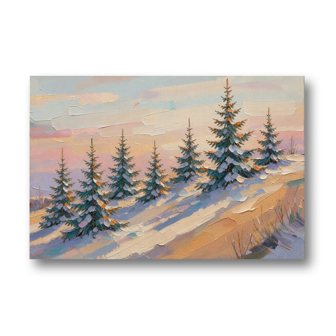 Christmas Tree Farm Painting on a Sunset Hill - Canvas Wall Art - Front
