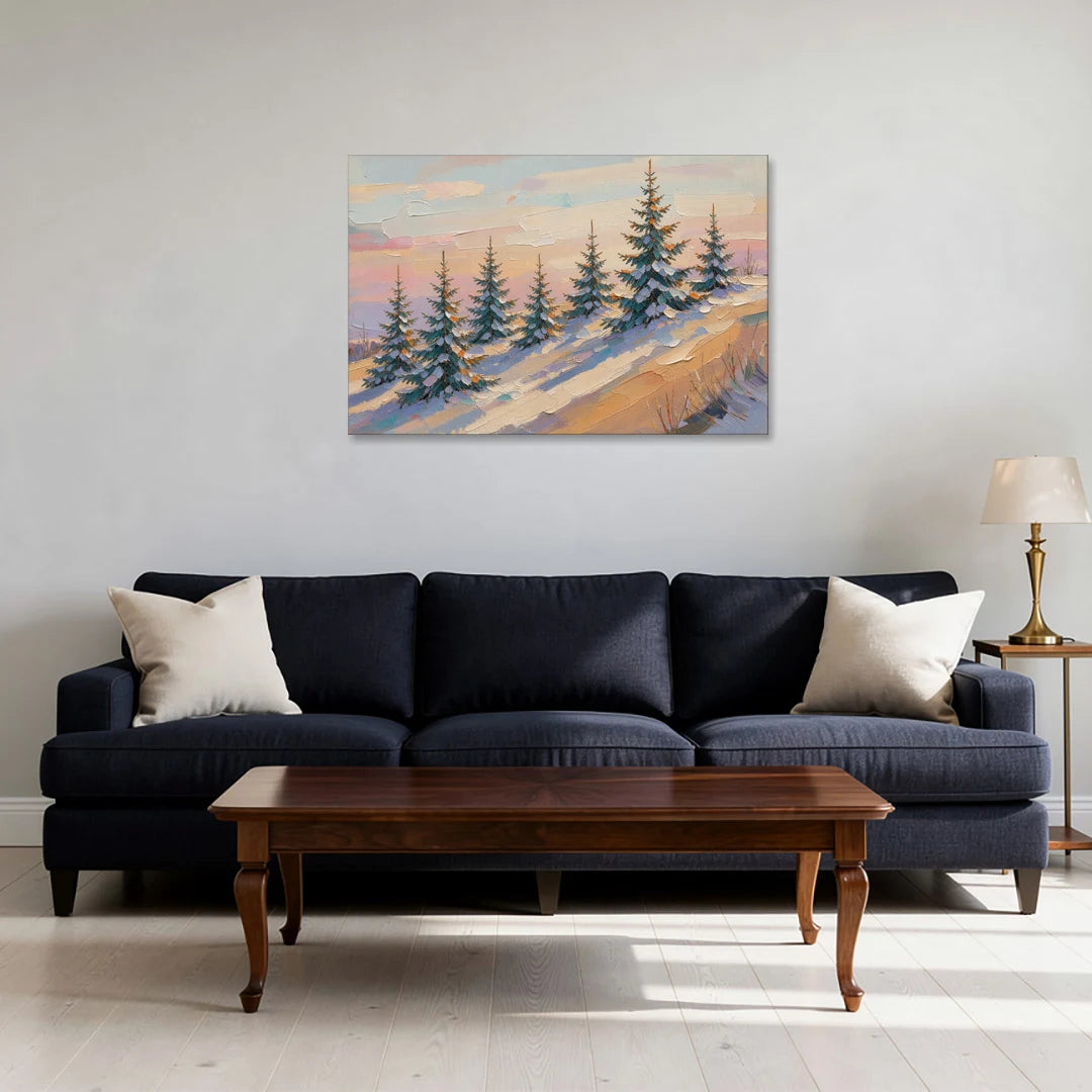 Christmas Tree Farm Painting on a Sunset Hill - Canvas Wall Art - Sofa - 36x24