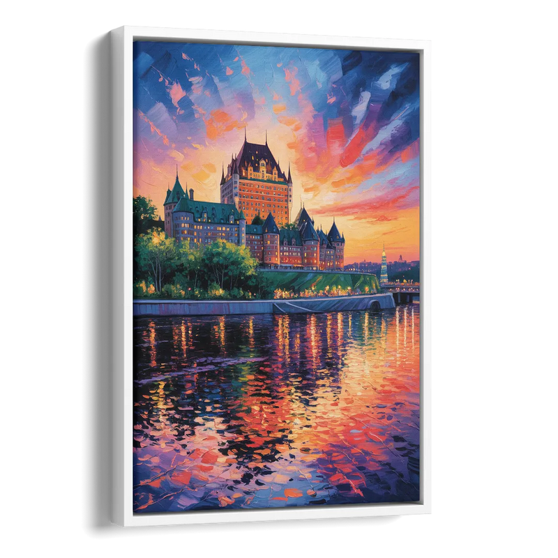 Chteau Frontenac at Sunset Side - White Canvas Wall Art