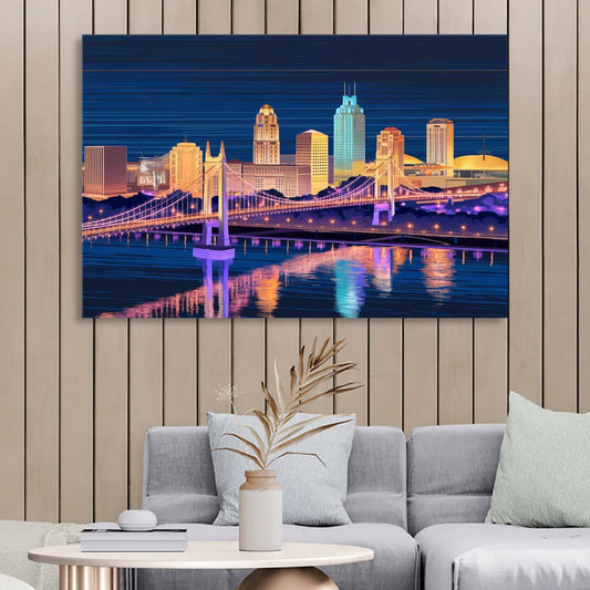 Cincinnati Nighttime Skyline Living Room - Canvas Wall Art