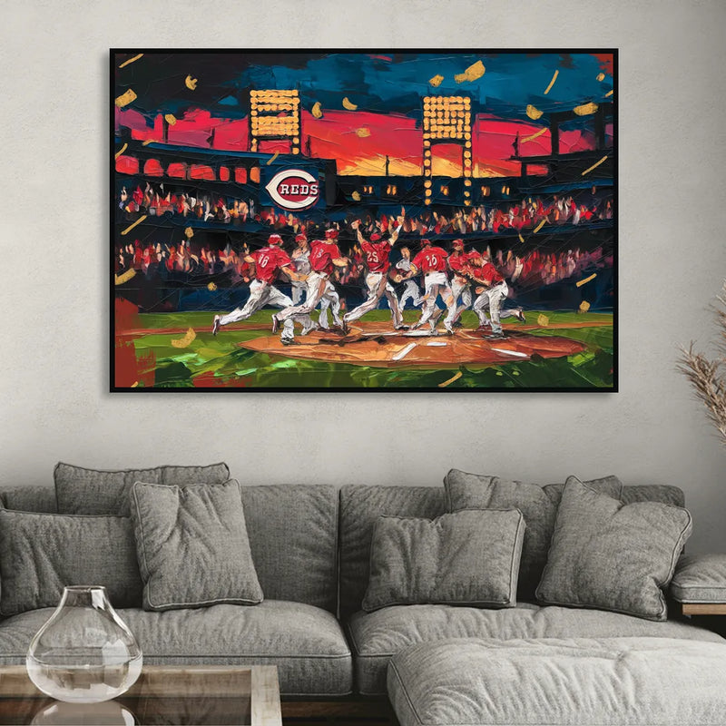 Cincinnati Reds Historic Moments Sitting Room - Black Canvas Wall Art