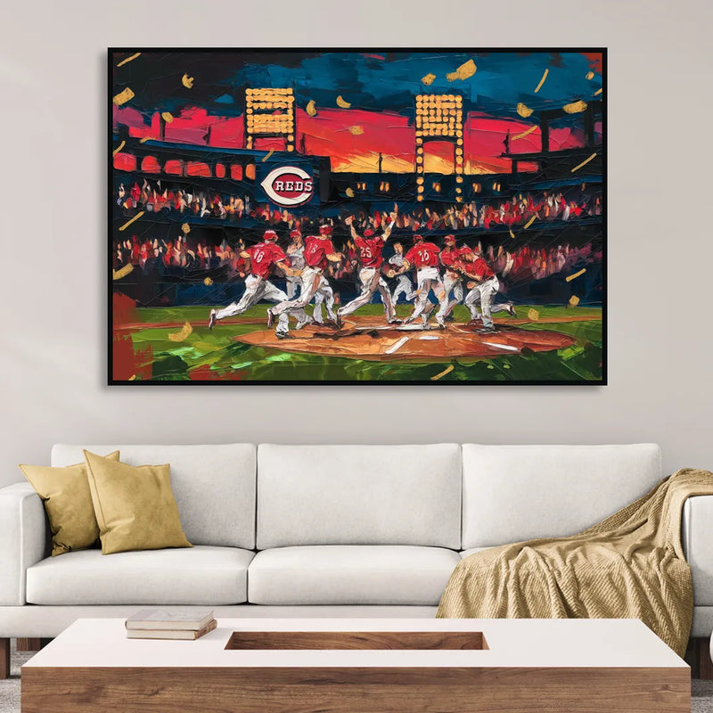 Cincinnati Reds Historic Moments Living Room - Black Canvas Wall Art