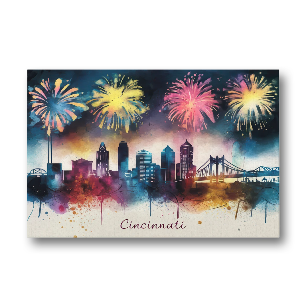 Cincinnati Skyline With Fireworks - Canvas Wall Art - Front