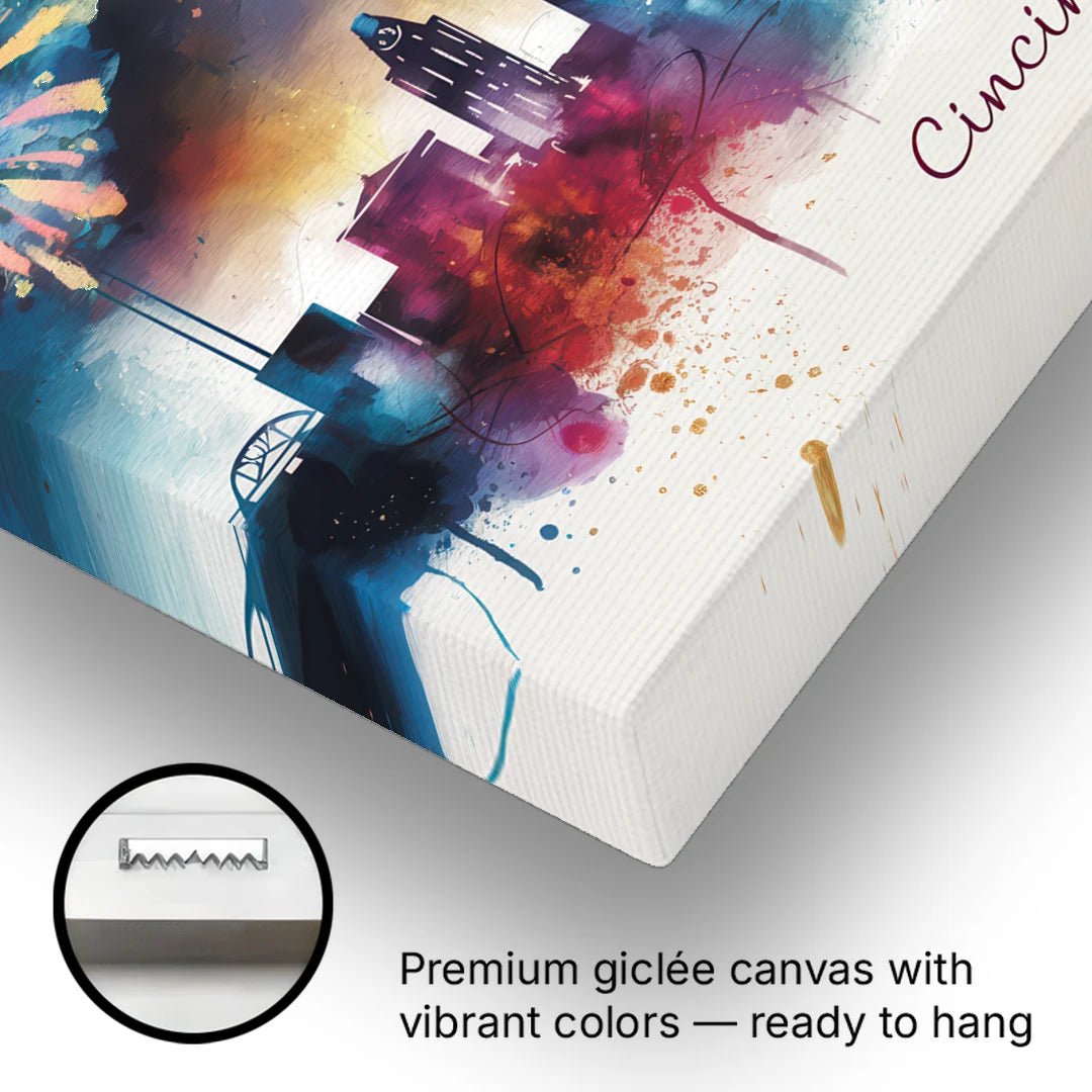Cincinnati Skyline With Fireworks - Canvas Wall Art - Gallery Wrap Corner
