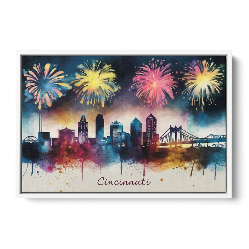 Cincinnati Skyline With Fireworks Front - White Canvas Wall Art