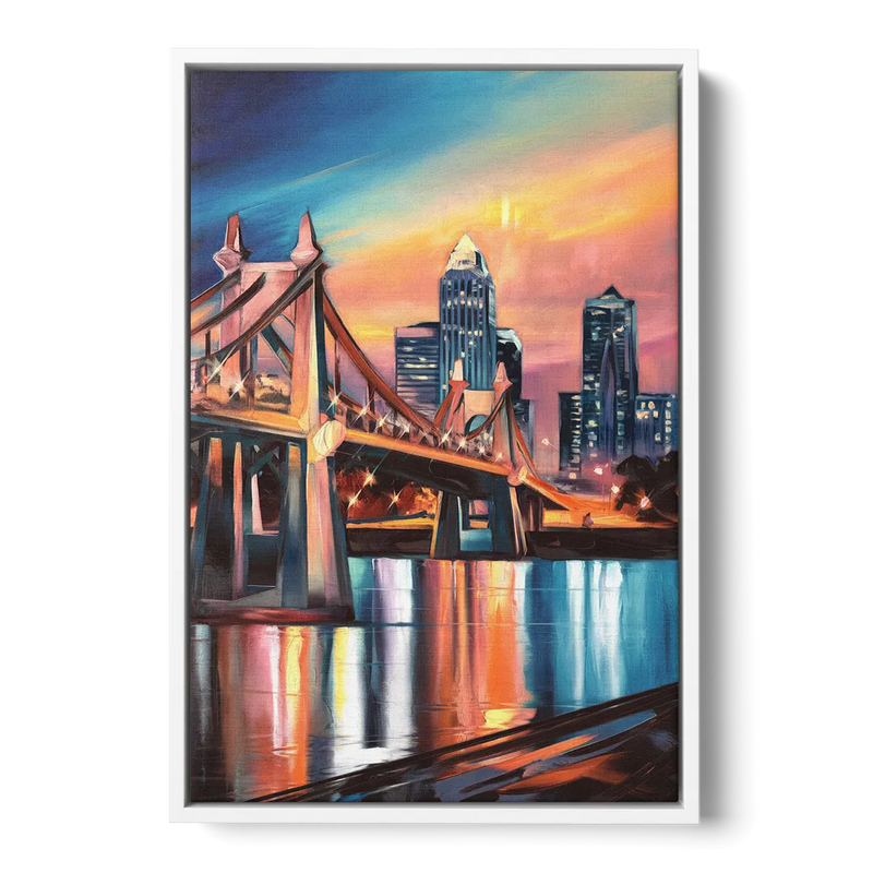 Cincinnati Skyline and Historic Bridges Front - White Canvas Wall Art