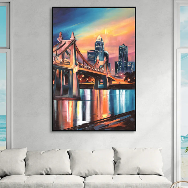 Cincinnati Skyline and Historic Bridges Sitting Room - Black Canvas Wall Art