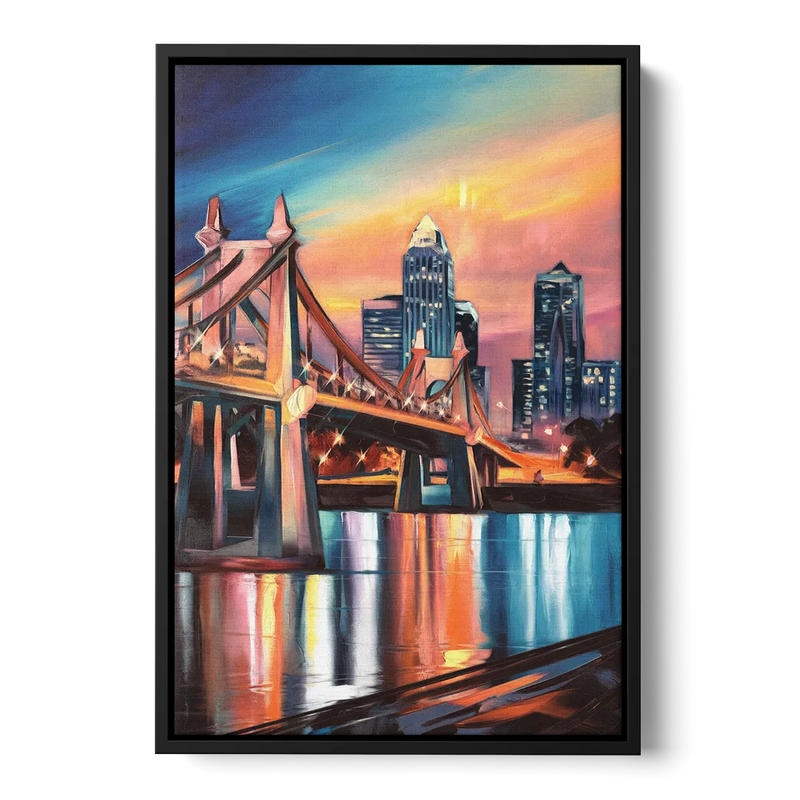 Cincinnati Skyline and Historic Bridges Front - Black Canvas Wall Art