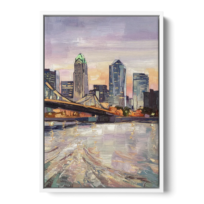 Cincinnati Skyline at Dawn Front - White Canvas Wall Art