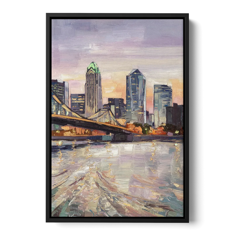 Cincinnati Skyline at Dawn Front - Black Canvas Wall Art