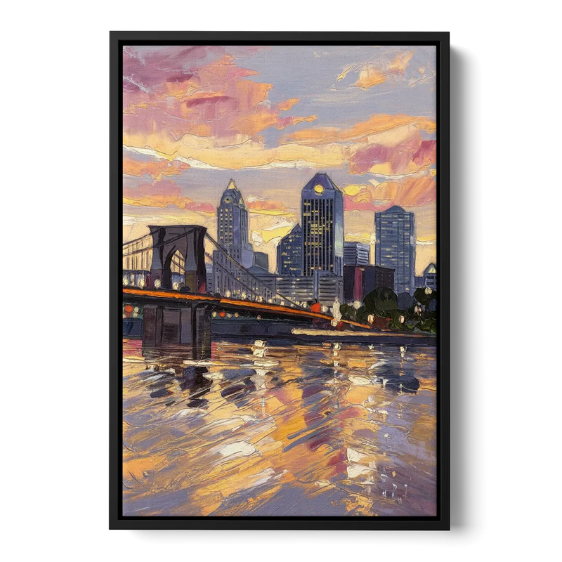 Cincinnati Skyline at Sunset Front - Black Canvas Wall Art