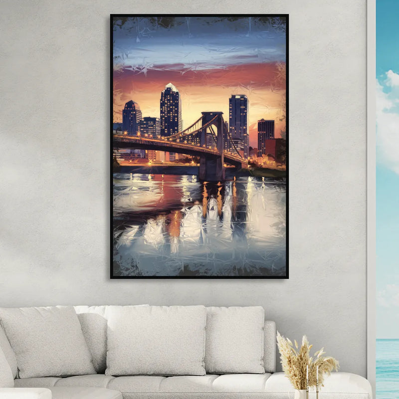Cincinnati Skyline with River Reflection Living Room - Black Canvas Wall Art