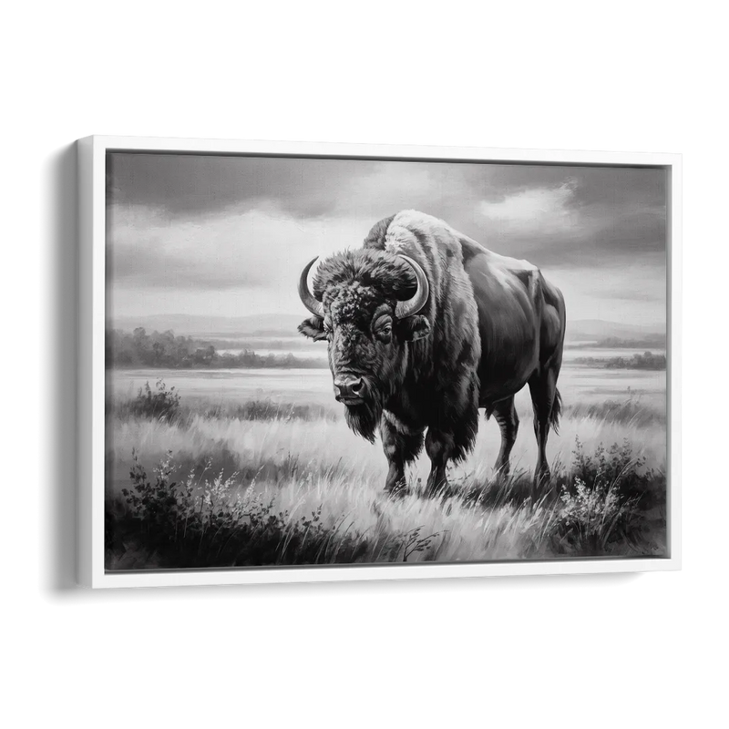 Classic Black and White Buffalo Side - White Canvas Wall Art