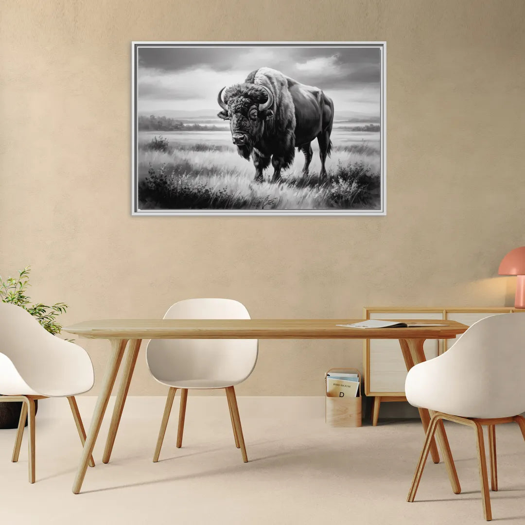 Classic Black and White Buffalo - Living Room White Frame Canvas
