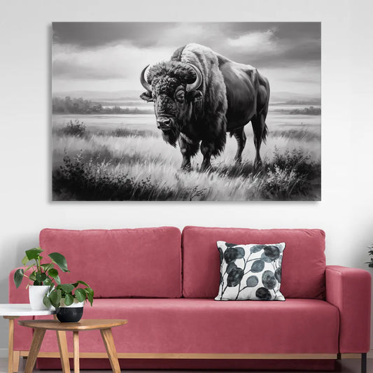 Classic Black and White Buffalo Living Room - Canvas Wall Art